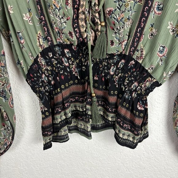 Angie Floral Boho Plunge Neck Blouse Olive Green Small Cottagecore Smocked Fall - Picture 4 of 10